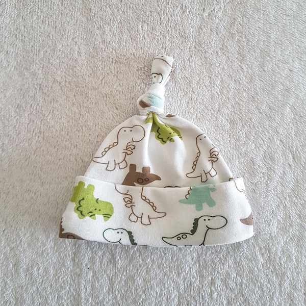 Chapeau de bonnet de bébé prématuré imprimé dinosaure avec nœud Micro Preemie Chapeau de nouveau-né 0-3 mois 100% coton jersey personnalisé cadeau unique renaître