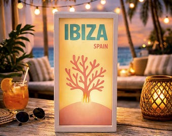 Ibiza Lightbox - Mediterranean Decor, Boho Wooden Lamp, Coastal Home Gift, Personalized Travel Souvenir, Minimalist Night Light, Beach Vibe
