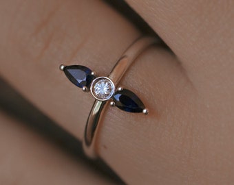 White Gold Sapphire Diamond Engagement Ring , Art Deco Jewelry