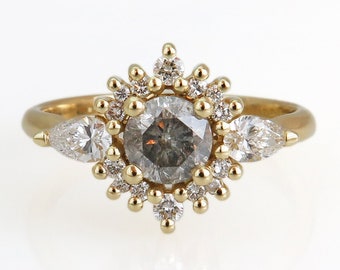 Salt and Pepper Diamond Ring || Flower Engagement Ring || Fine Jewelry || Art Deco Ring