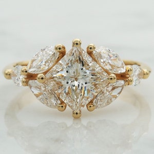 Art Deco Style Gold Multi Diamond Engagement Ring, Princess Cut Center Stone, Marquise Cut And Round Diamonds image 1