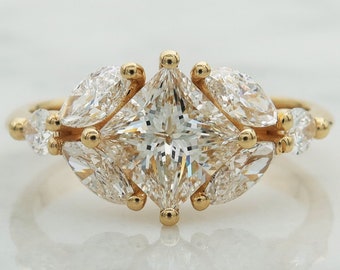 Art Deco Style Gold Multi Diamond Engagement Ring, Princess Cut Center Stone, Marquise Cut And Round Diamonds