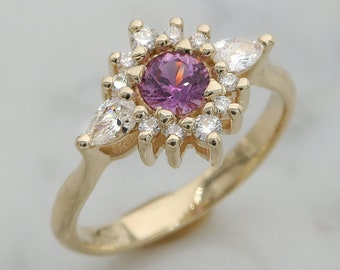 Pink Sapphire Diamonds Ring || Flower Diamonds Engagement Ring || Fine Jewelry