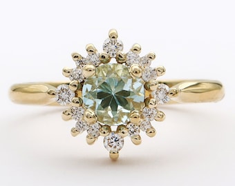Bloem diamanten verlovingsring || Art-deco-sieraden || 14k gouden aquamarijnring