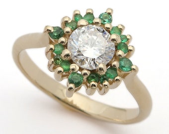 Flower Emerald Engagement Ring || Diamond And Emerald Ring || Art Deco Jewelry