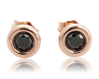 Round Rose Gold Earrings || Black Diamond Studs || Fine Jewelry