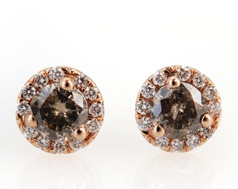 Unique 14k Gold  Studs with Salt And Pepper Diamond Center Stone And Halo Of White Diamond Pave