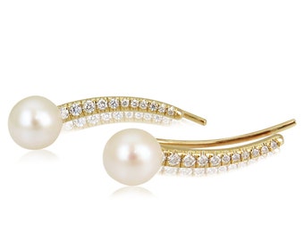 Gold Diamond Earrings || Pearl Diamond Earrings || Pearl Climber Earrings