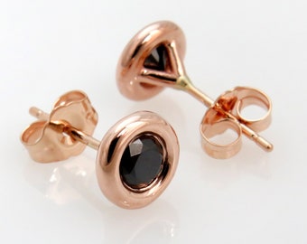 Black Diamond Studs Round Rose Gold Earrings, Fine Jewelry
