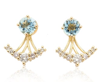 Unique 14k Gold Aquamarine And Diamond Ear Jackets Earrings