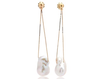 14K Gold Drop Threader Earrings with Baroque pear | Bridesmaid  Thread Earrings