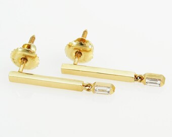 Long Diamond Gold Earrings || Fine Jewelry || Baguette Diamond Drop Earrings