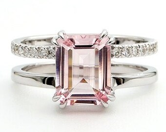 Morganite diamanten verlovingsring || Witgouden verlovingsring || Art Deco gouden sieraden