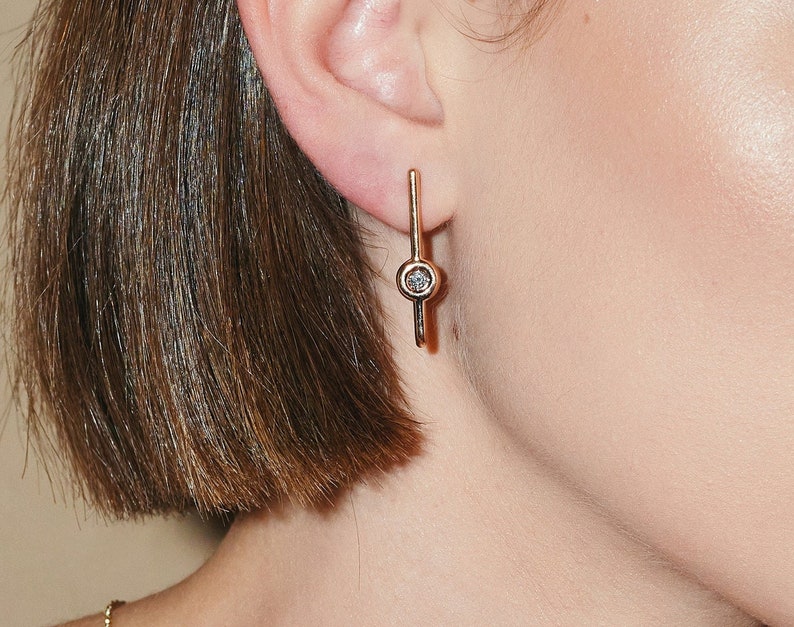 Minimalist 14k Rose Gold Drop Earrings Set With Diamond image 1