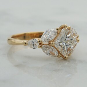 Art Deco Style Gold Multi Diamond Engagement Ring, Princess Cut Center Stone, Marquise Cut And Round Diamonds image 5