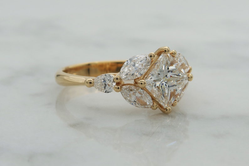Art Deco Style Gold Multi Diamond Engagement Ring, Princess Cut Center Stone, Marquise Cut And Round Diamonds image 5