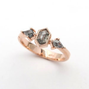 Rose Gold Engagement Ring With Unique Salt and Pepper Diamonds, Geometric Fine Jewelry image 2