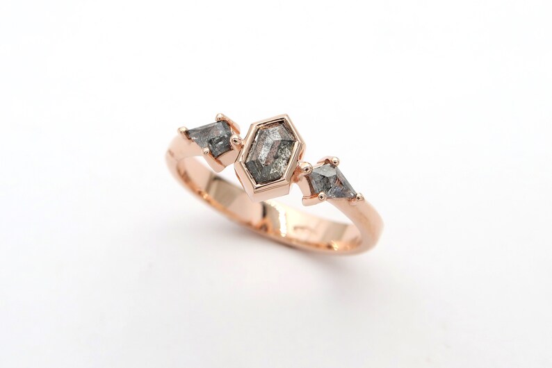 Rose Gold Engagement Ring With Unique Salt and Pepper Diamonds, Geometric Fine Jewelry image 2