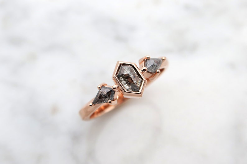 Rose Gold Engagement Ring With Unique Salt and Pepper Diamonds, Geometric Fine Jewelry image 7