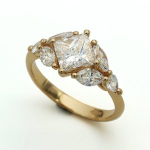 Art Deco Style Gold Multi Diamond Engagement Ring, Princess Cut Center Stone, Marquise Cut And Round Diamonds image 6