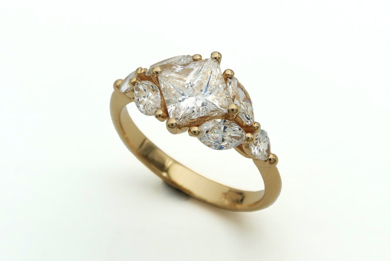 Art Deco Style Gold Multi Diamond Engagement Ring, Princess Cut Center Stone, Marquise Cut And Round Diamonds image 6