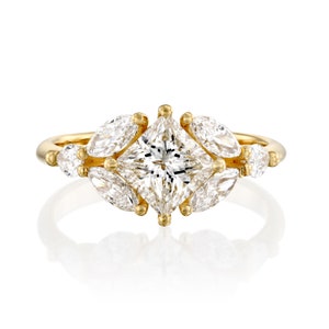 Art Deco Style Gold Multi Diamond Engagement Ring, Princess Cut Center Stone, Marquise Cut And Round Diamonds image 3