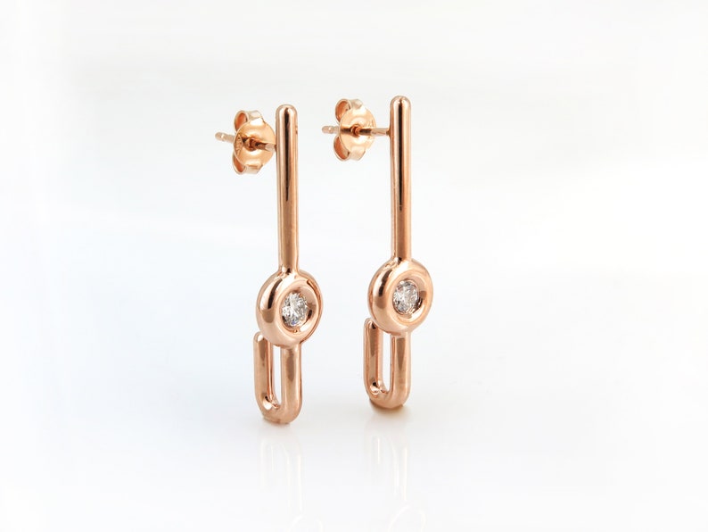 Minimalist 14k Rose Gold Drop Earrings Set With Diamond image 2