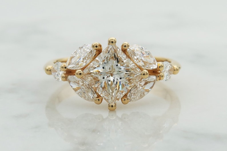 Art Deco Style Gold Multi Diamond Engagement Ring, Princess Cut Center Stone, Marquise Cut And Round Diamonds image 1