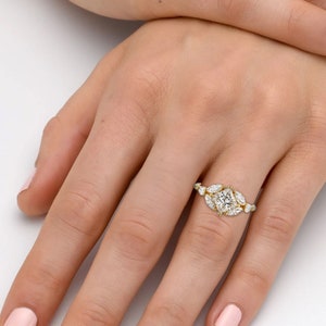 Art Deco Style Gold Multi Diamond Engagement Ring, Princess Cut Center Stone, Marquise Cut And Round Diamonds image 8
