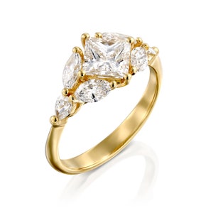 Art Deco Style Gold Multi Diamond Engagement Ring, Princess Cut Center Stone, Marquise Cut And Round Diamonds image 2