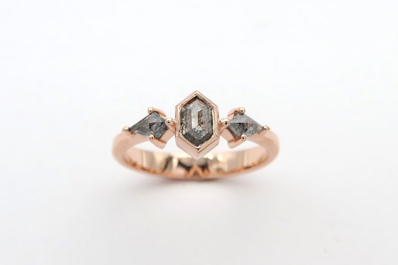 Rose Gold Engagement Ring With Unique Salt and Pepper Diamonds, Geometric Fine Jewelry image 3