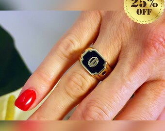 Black Signet Ring || 14k Initial Signet Ring || Black Enamel & Black Diamonds || Personal Custom Ring Gold