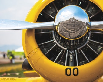 May include: Close-up of a yellow airplane propeller with a silver blade. The propeller is attached to a yellow engine with a silver cover. The engine is reflecting the sky and ground. The number "00" is painted on the side of the engine.