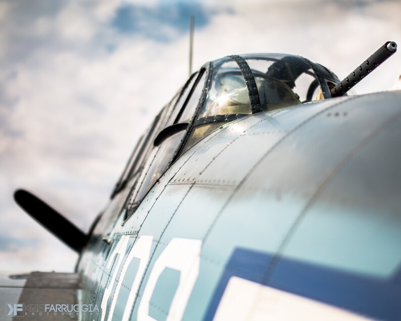 May include: Close-up of a vintage military aircraft, painted in a light blue and gray color scheme. The aircraft has a large, clear canopy and a machine gun mounted on the top. The aircraft is numbered "300" on the side.