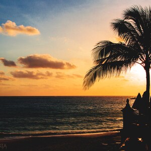 Beach Photo Print | Sunrise Photo | Beach Wall Decor | Palm Tree Decor | Blue & Orange Decor| Calm Relaxing Wall Decor | Ocean Photo