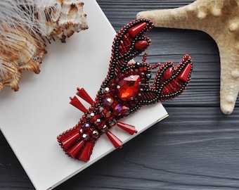 Lobster Brooch Seed beaded brooch Unusual brooch Animal brooch Crab brooch red brooch Nautical jewelry Marine brooch Sea creature brooch