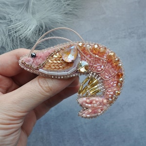 Shrimp Rhinestone Brooch Pin, Beaded embroidery Shrimp Brooch Pin