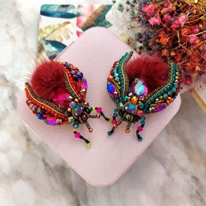 Cicada brooch pin with Natural Fur: Beaded handcrafted Bug brooch and insect art
