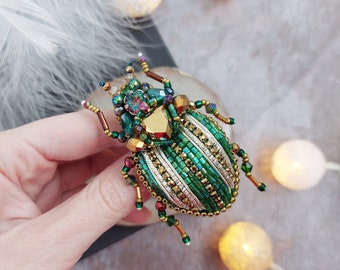 Beetle beaded brooch, Bug pins, Unique embroidery brooch