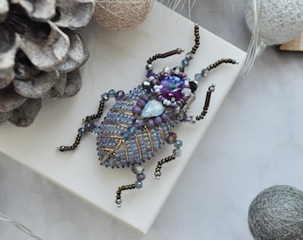 Embroidery beaded brooch: Beetle pin, Insect Statement art, bug jewelry