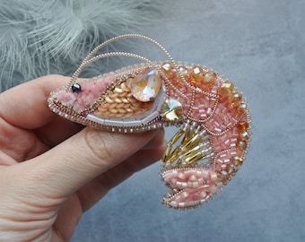 Shrimp Rhinestone Brooch Pin, Beaded embroidery Shrimp Brooch Pin