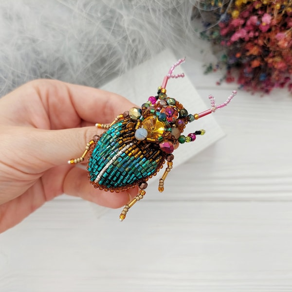 Broderie perlée broche coléoptère broche art broche en verre art insecte animal nature bijoux insecte bijoux insecte épingle cadeau 21e anniversaire