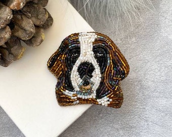 St. Bernard (dog) beaded embroidery brooch pin, Art from Ukraine, Beaded pet portrait