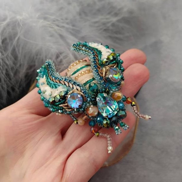 Beaded cicada brooch pin, Beetle brooch pin, Embroidered brooch, Brooch beaded glass, Dress bead brooch, Crystal beads brooch