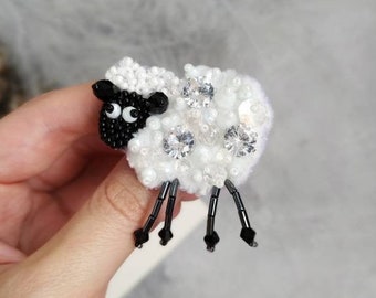 Seed Beaded white Sheep pin: embroidery crystal Lamb animal brooch