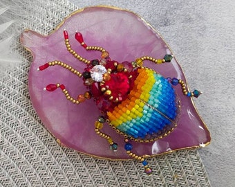 Scarab beetle brooch pin, Beetle jewelry, Rainbow brooch, LGBT pins, Art glass brooch, Embroidery beaded brooch, Bug jewelry, Sparkle brooch