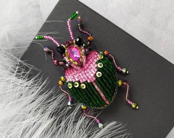 Scarab beetle brooch pin, Beetle jewelry, Art glass brooch, Embroidery beaded brooch, Bug jewelry, Sparkle brooch, Costume pin