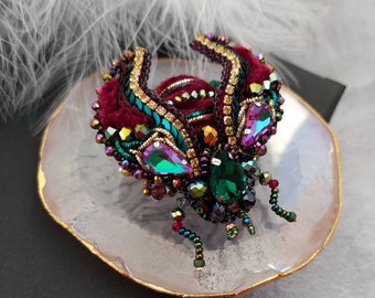 Beaded burgundy cicada brooch pin, Beetle brooch pin, Brooch beaded glass, Dress bead brooch, Crystal beads brooch