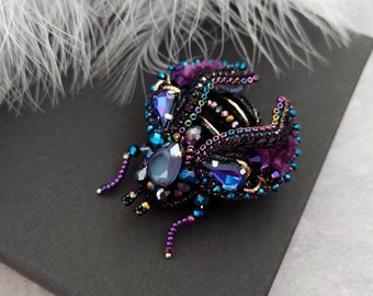 Beaded dark purple cicada brooch pin: Crystal beads dress beetle pin, bug accessories
