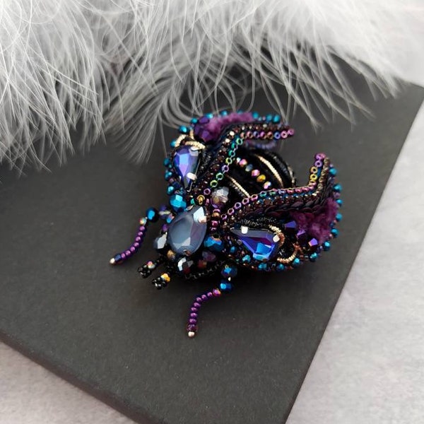 Beaded dark purple cicada brooch pin, Beetle brooch pin, Brooch beaded glass, Dress bead brooch, Crystal beads brooch